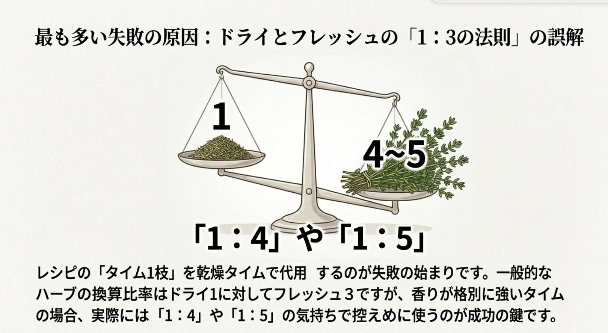 乾燥タイムを使う際は、生のタイムに対して1:4や1:5の割合で控えめに使うことを推奨する天秤のイラスト