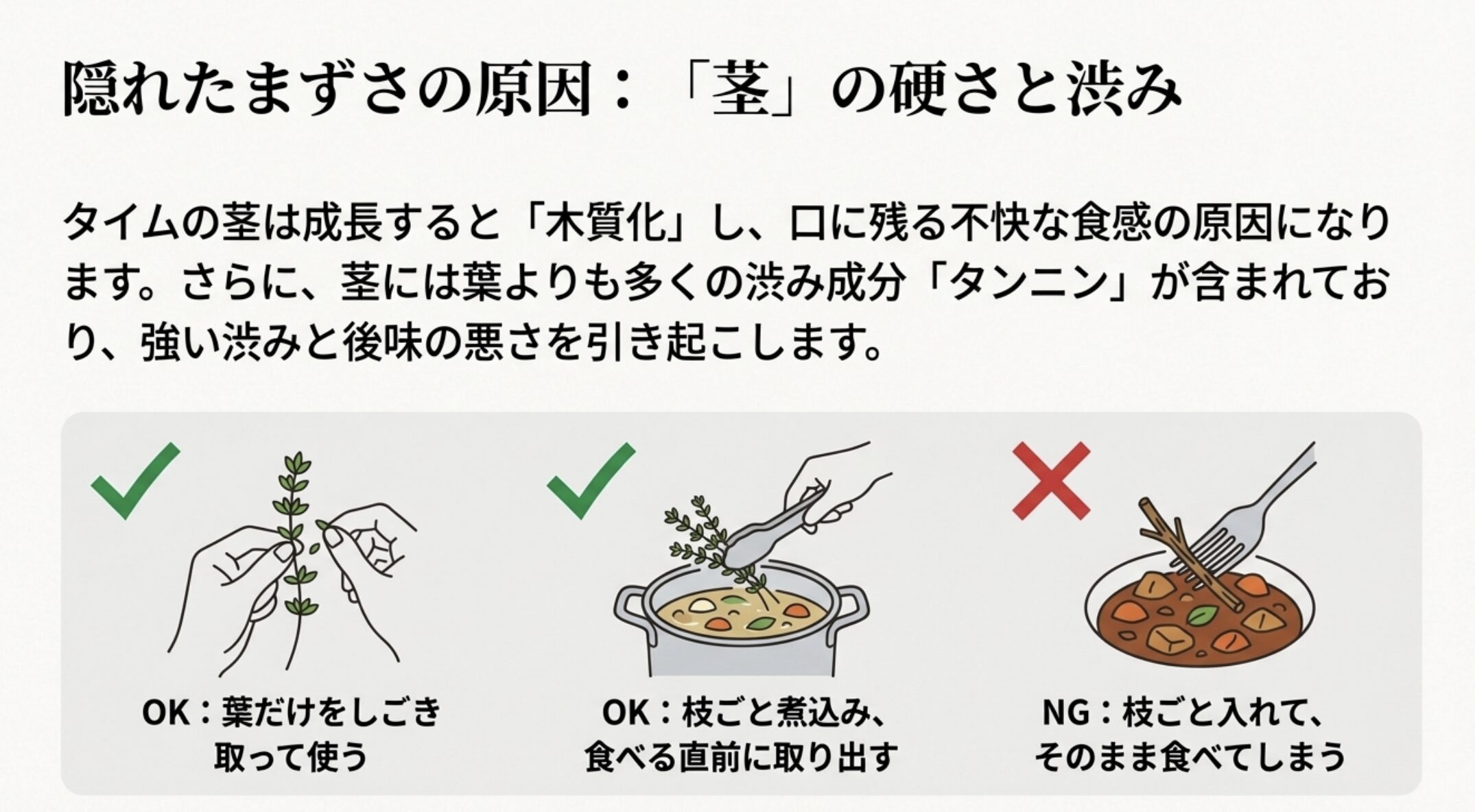 タイムの葉だけをしごき取る、または枝ごと煮込んで取り出すという正しい使い方の図解