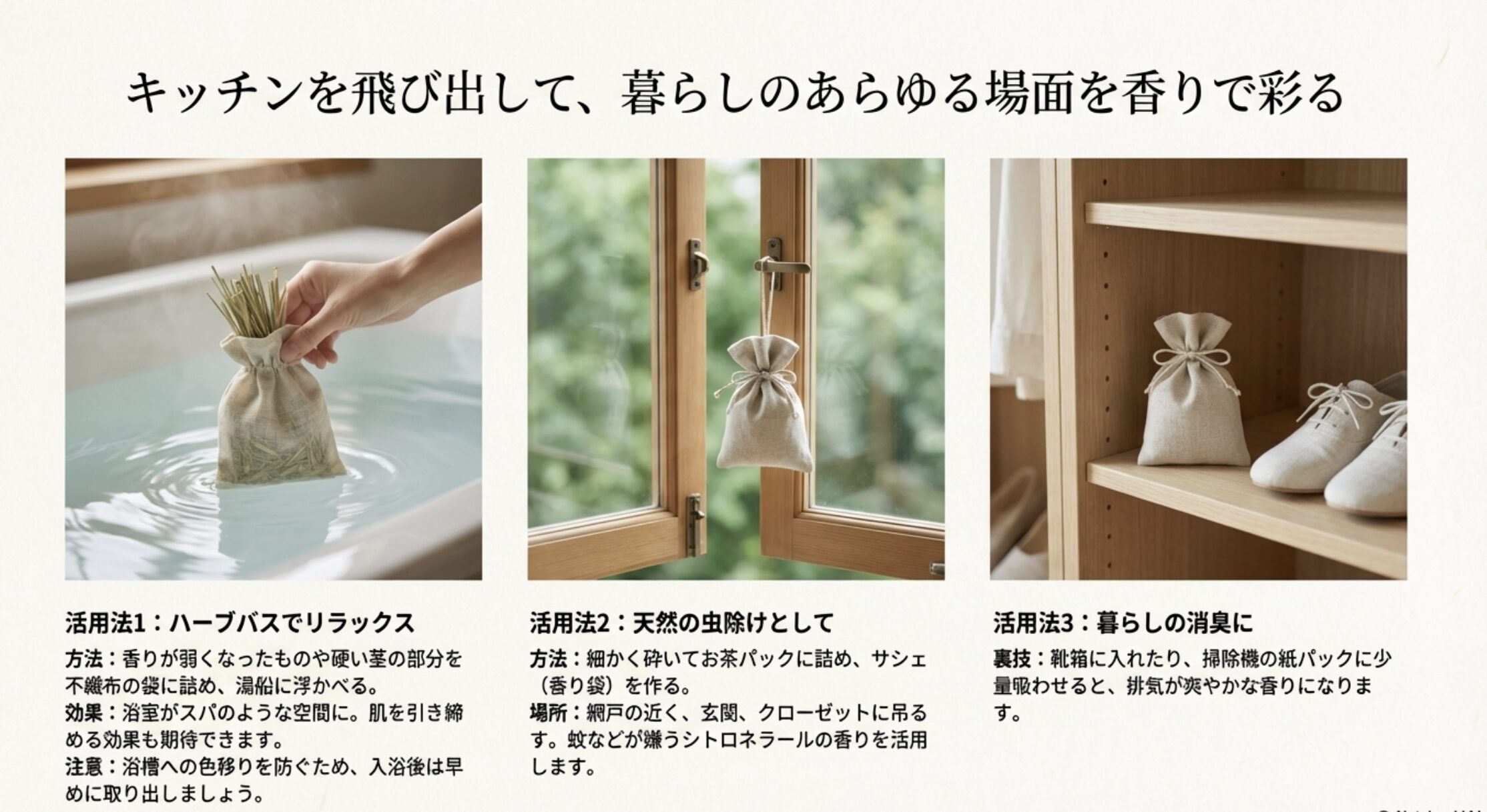 ハーブバスでのリラックス法、サシェ（香り袋）による天然の虫除け、靴箱などの消臭といった生活活用術をまとめたスライド。