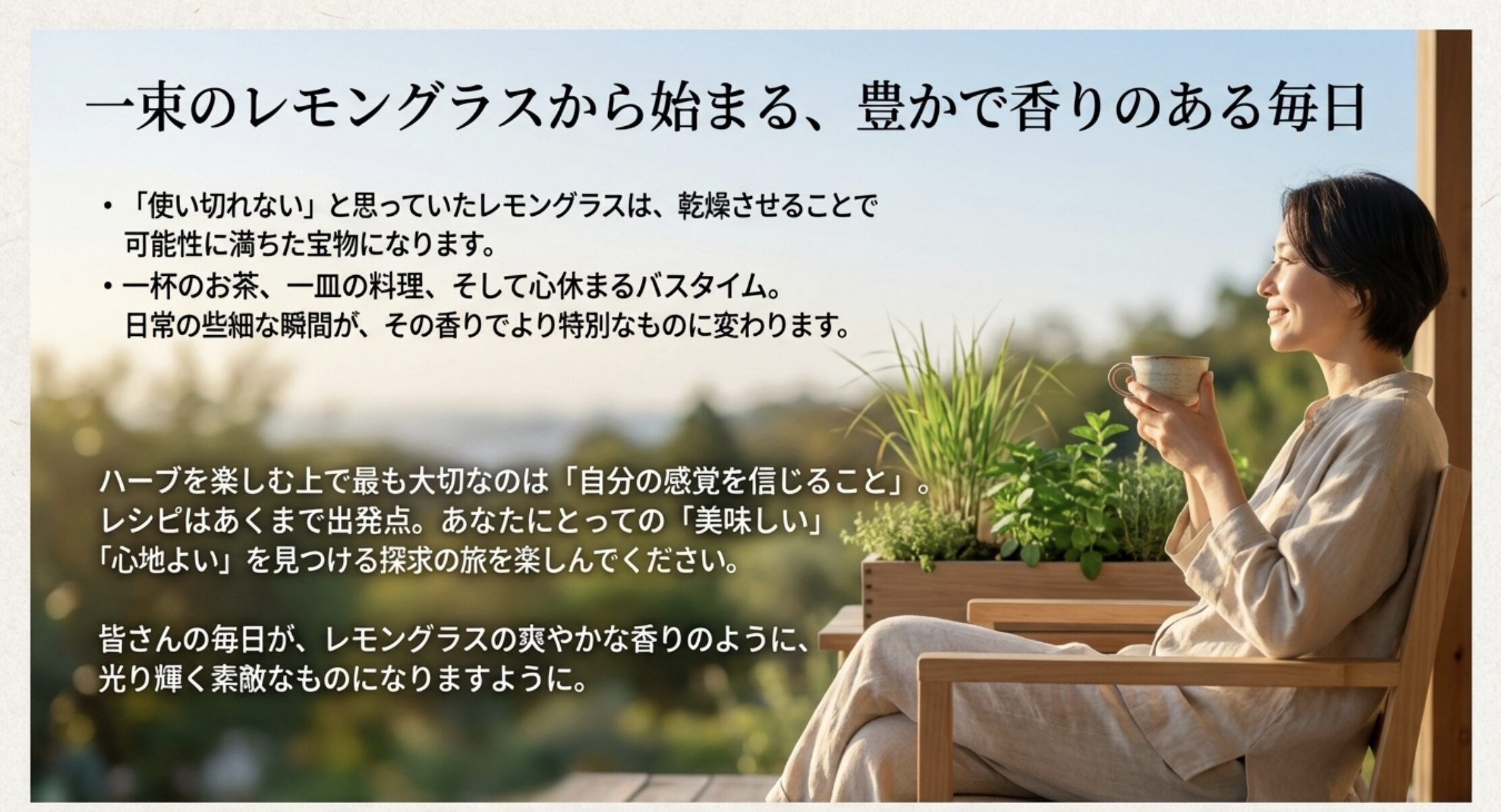 「自分の感覚を信じて心地よさを見つけてほしい」というメッセージを込めた、記事のまとめスライド。