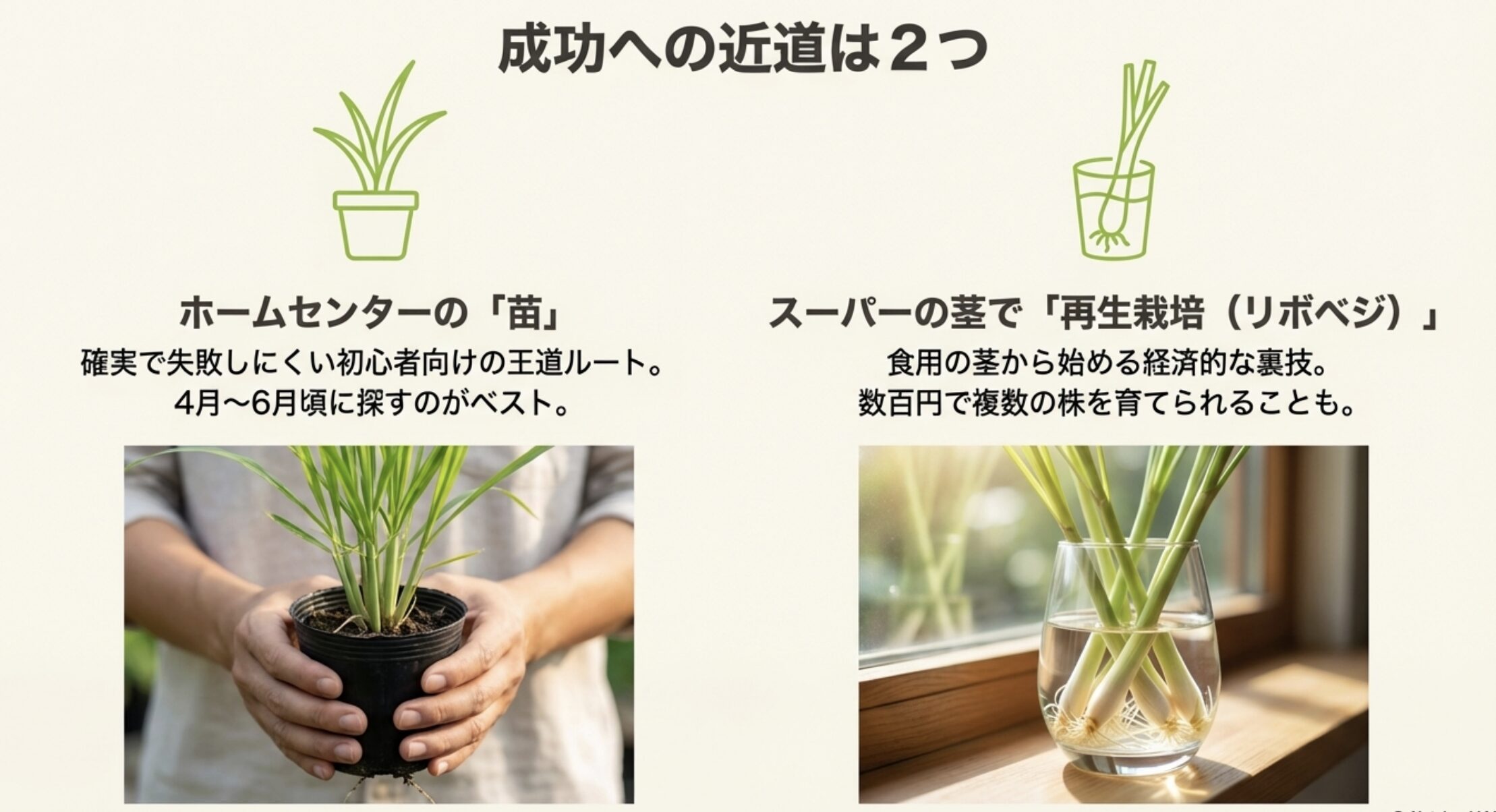 4月〜6月がベストシーズンのホームセンターの苗と、経済的な再生栽培という2つのルートの解説。