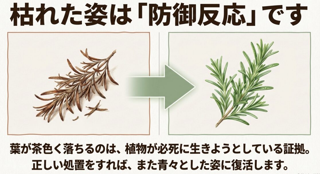 茶色いローズマリーと緑のローズマリーの比較イラスト。枯れた姿は生きるための防御反応であることを説明 。