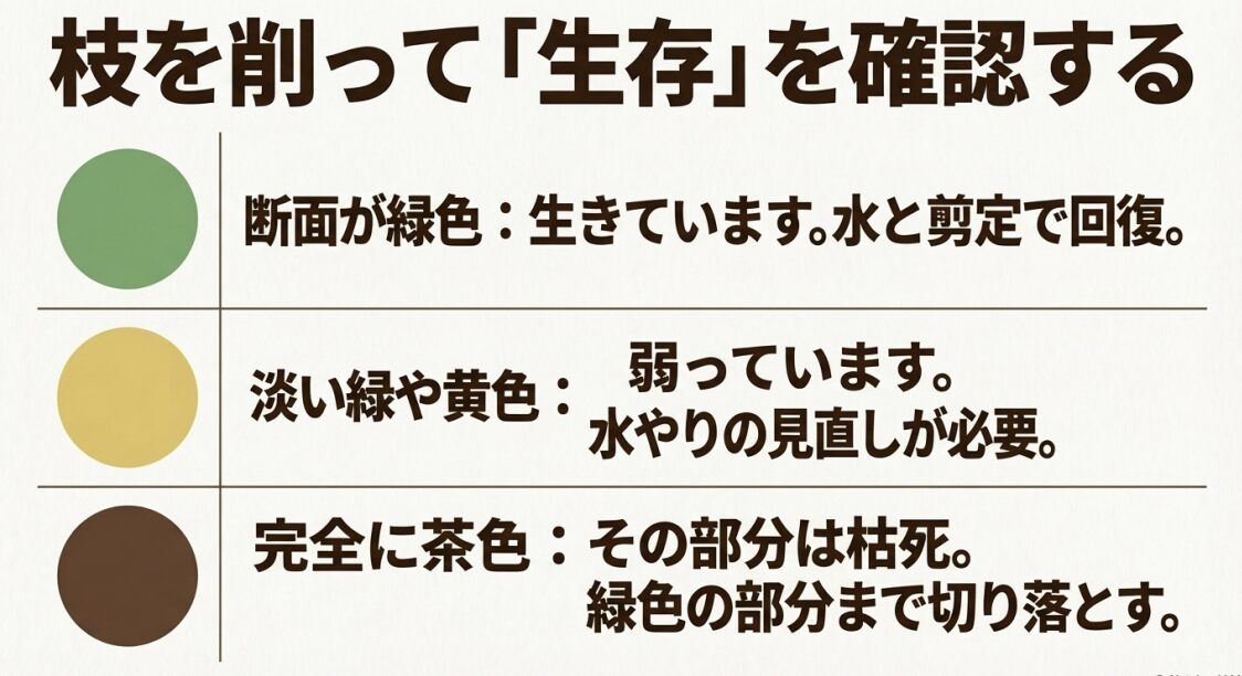 ローズマリーの枝の断面色（緑・黄・茶）による生存判定とアクションをまとめた表 。