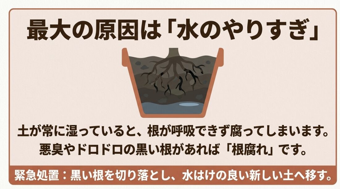 鉢の中で根が黒く腐っている様子と、黒い根を切り落とし新しい土へ移す処置の解説図 。