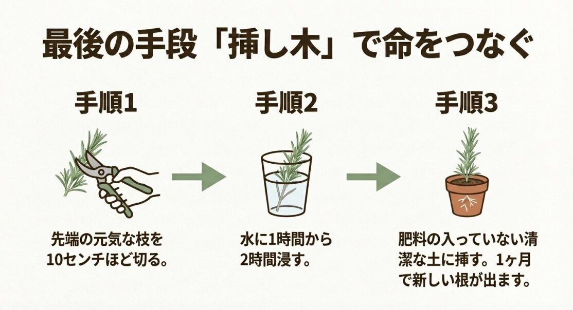枝を切る、水に浸す、清潔な土に挿すという挿し木の工程を段階的に示したイラスト 。