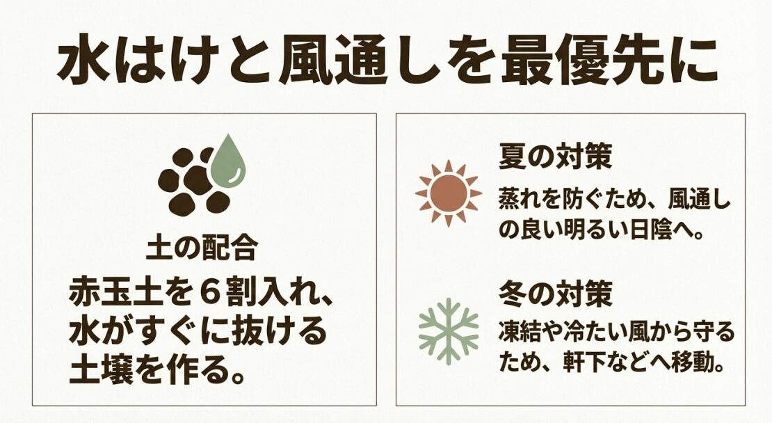 水はけの良い土の配合（赤玉土6割）と、夏（風通し）および冬（凍結防止）の対策をまとめたスライド 。